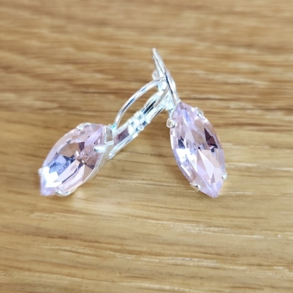Silver Lever Back Drop Earrings, Light Pink Crystals, Hand Crafted - Picture 2 of 9